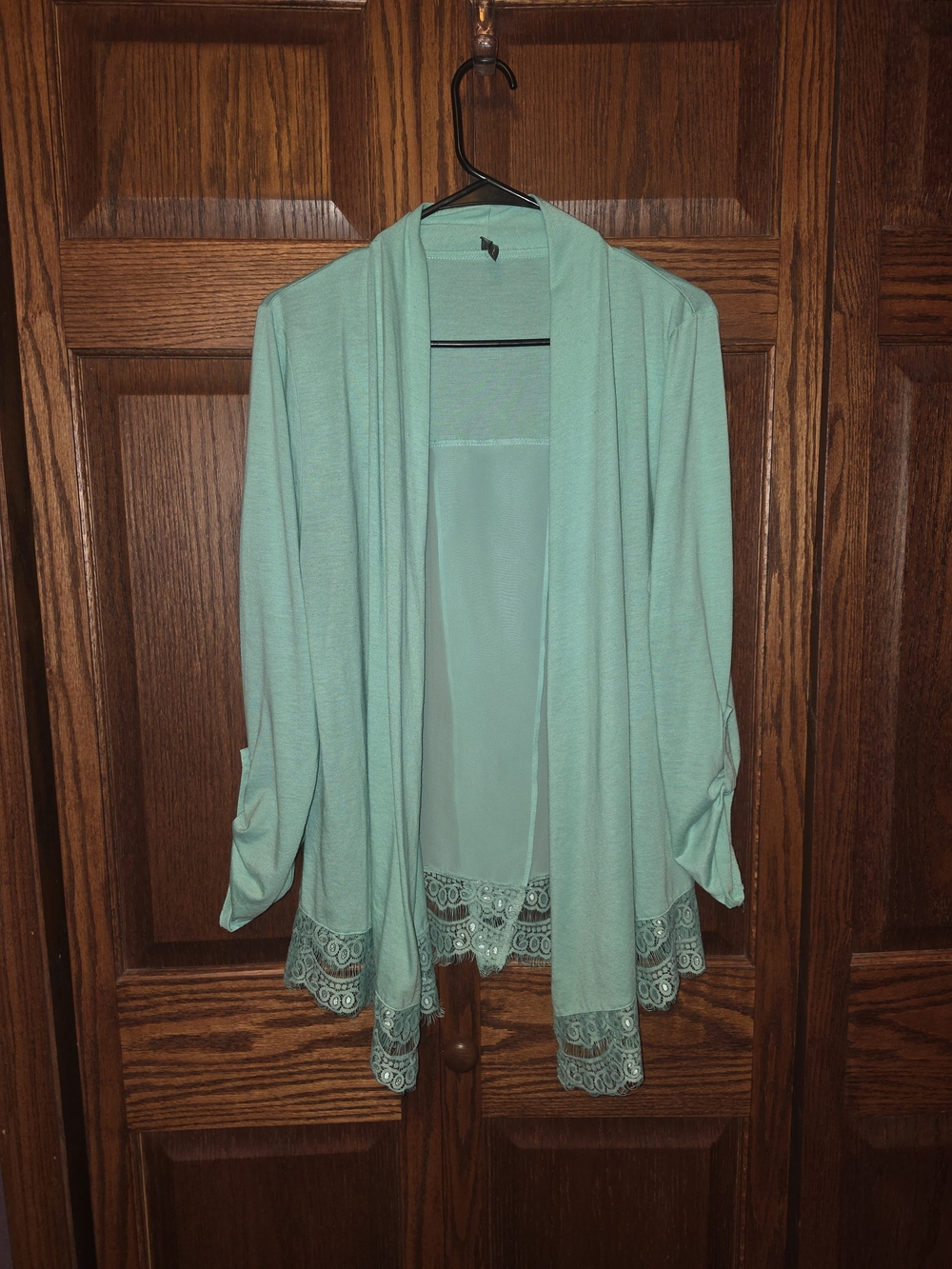 Vanity Mint Open-Front Lace Hem Cardigan